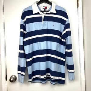 Tommy Hilfiger Y2K Striped 100% Cotton Rugby Polo size L Blue Multi 90s Preppy